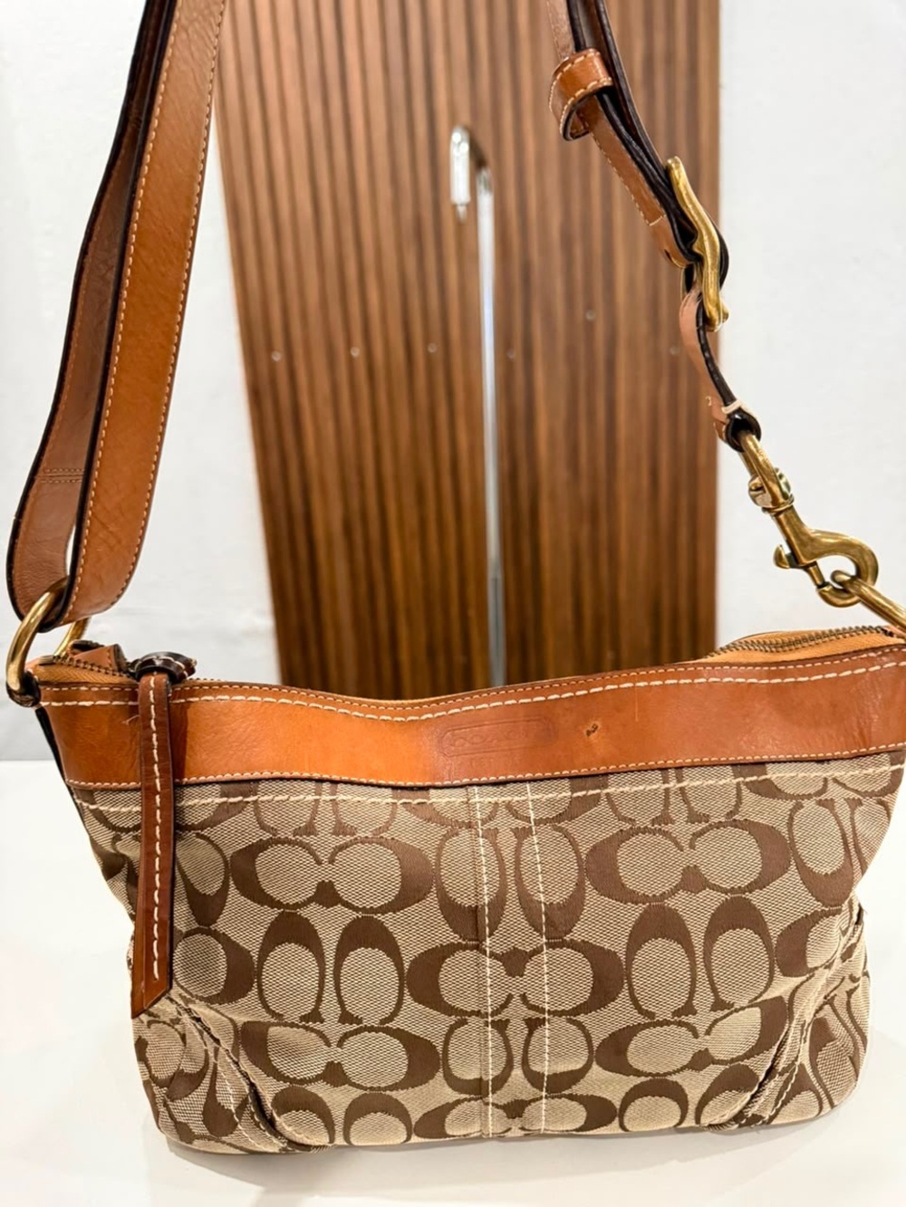 Vintage Coach Bleecker Signature Canvas Leather Brown Tan Shoulder Purse #10561